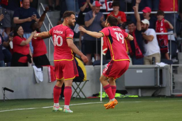 St. Louis City's Eduard Löwen (10) celebrates scoring an extraordinary free kick goal last weekend against the Vancouver Whitecaps at CITY PARK. He converted from the penalty spot on Saturday against the Houston Dynamo. (Photo by Brad Piros)