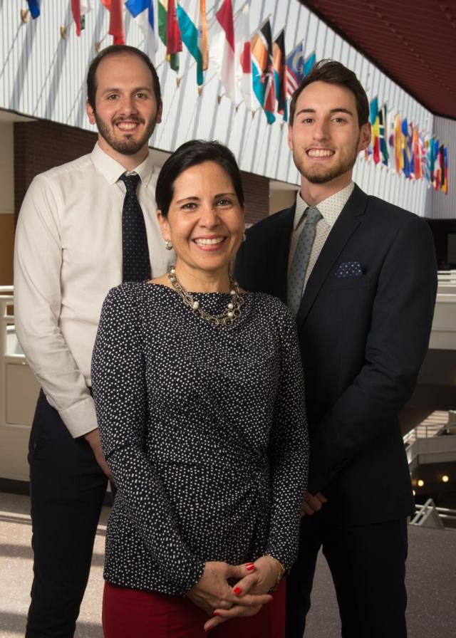 (L-R) SIUE May 2018 graduates Gabriele Fancelli and Pietro Beimer, of Italy, stand with Silvia Torres-Bowman, director of the International Trade Center at SIUE. 