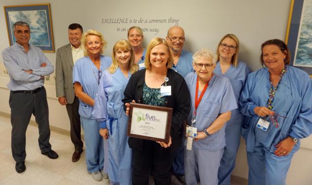Staff with Alton Memorial Hospital’s Digestive Health Center receive their 5-Star PRC Award from AMH President Dave Braasch, second from left. At the far left is Dr. Ahmad Karadaghy. Others are, left to right, DHC team lead Victoria Garvey, Cinda Kallal, Lisa Roach, DHC manager Amy Toenyes holding the PRC plaque, Ron Miller, Diane Mize, Tricia Flanders and Michelle Moehle.