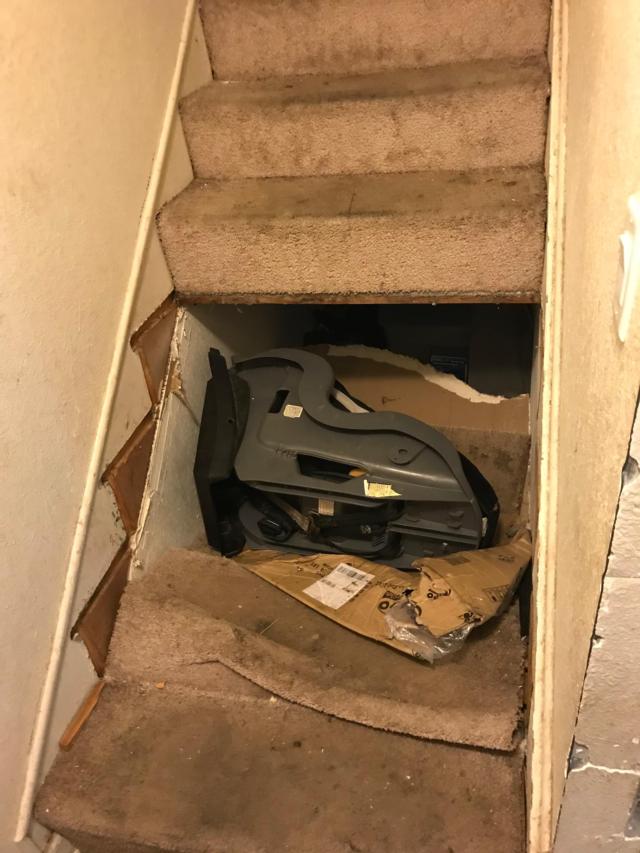 Steps had been taken out and a baby's car seat was being used to bridge a few of the steps. The entire apartment complex was redone slightly more than a year ago.
