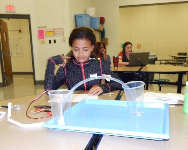 Madison Slack inspects her solar powered water pump project.