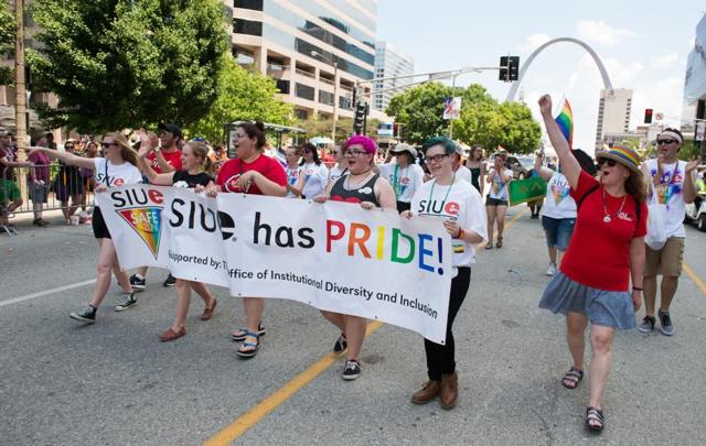 A group of SIUE faculty, staff, students, alumni and friends representing SIUE Safe Zone marched at the St. Louis LGBT PrideFest.