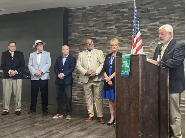Sam Stemm inducts newly elected officers and directors of Alton Godfrey Rotary for the coming year. From left to right: Myles Yanta, Kerry Miller, Brad King, Antione Williams and Donna Bemis and Sam Stemm. Missing is Director Scott Neudecker. 
