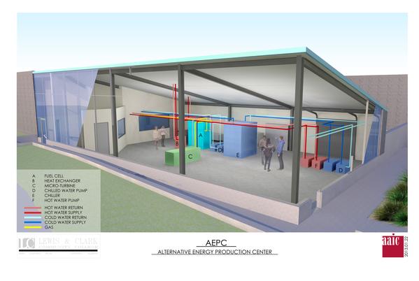 A rendering of the new Alternative Energy Production Center, to be located in the renovated former greenhouse attached to the Trimpe Building on the Godfrey campus of Lewis and Clark Community College.