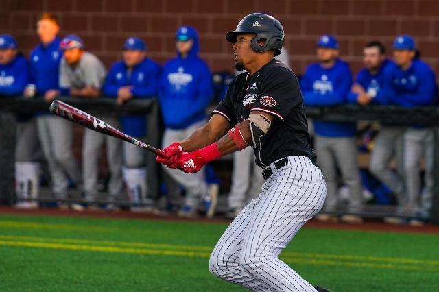 Avery Owusu-Asiedu, from Waukesha, Wisconsin, watches the ball fly off his bat. (Photo courtesy SIUE Athletics)