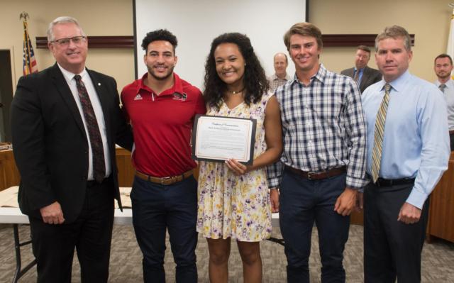 SIUE Dir. of Athletics Brad Hewitt, Julian Harvey (track and field), Madison McKinley (volleyball), Brock Weimer (baseball) and City of Edwardsville Mayor Hal Patton.