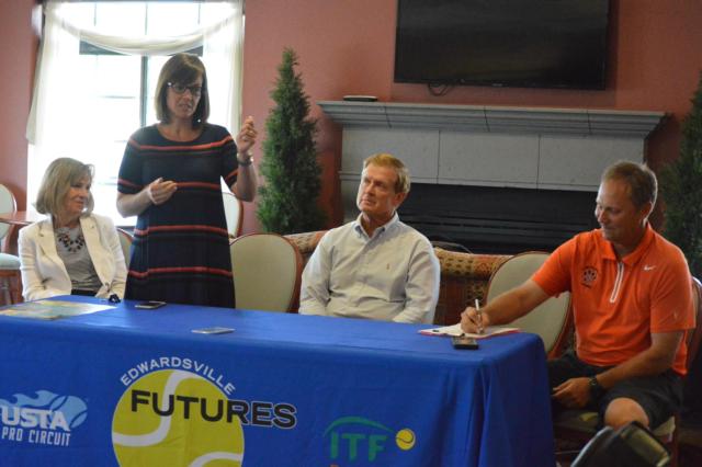 From left at an Edwardsville Futures press event at The Country Hearth Inn and Suites lobby in Edwardsville are, from left, Dr. Lynda Andre (Eville superintendent), Katie Stuart (D-112th district), Joe Gugger (EGHM Foundation president) and Dave Lipe (tourney director/EHS tennis coach).