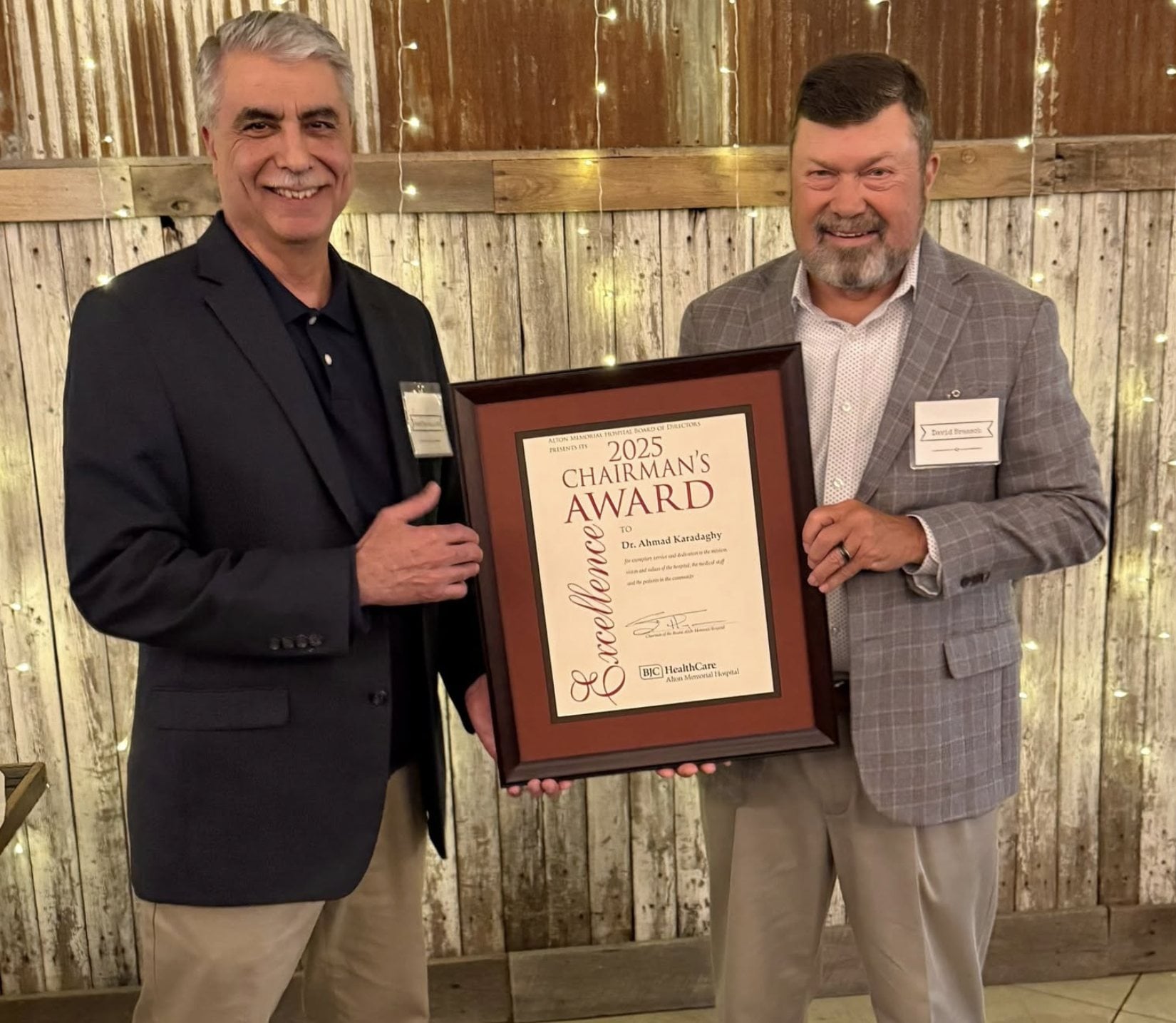Dr. Ahmad Karadaghy and Alton Memorial's President Dave Braasch.