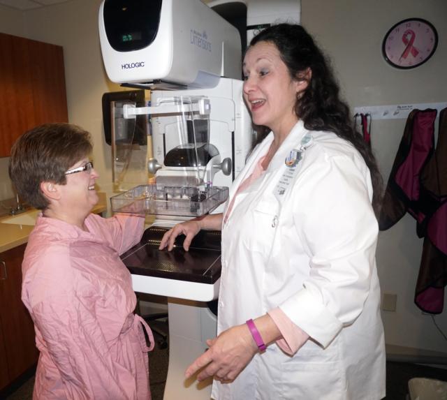 Deb Rowden, a mammography tech in Alton Memorial’s Medical Imaging department, prepares a patient for her 3D mammogram.