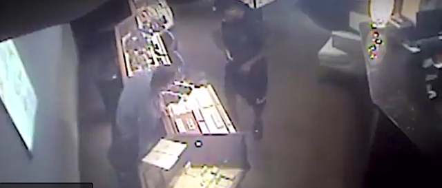 A surveillance photo of the suspect in the Hudson Jewelers robbery case.