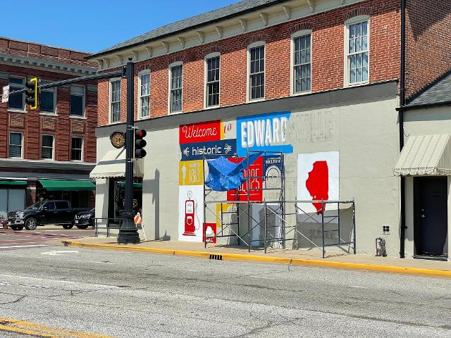 Edwardsville mural partially painted - Photo by Cheryl Eichar Jett 