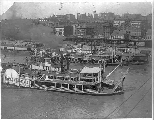 River front at St. Louis, Mo. Photograph shows two steamboats, the Spread Eagle and Dubuque, docked at St. Louis river front. Library of Congress, Prints & Photographs Division, LC-USZ62-40212