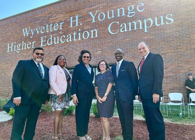  (L-R) ICCB Executive Director Brian Durham; Rep. LaToya Greenwood; Margaret Hewitt, daughter of the late Rep. Wyvetter H. Younge; Rep. Katie Stuart; SIUE Chancellor James T. Minor; and SIU System President Dan Mahony. 