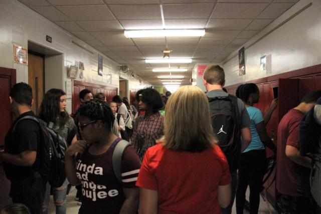 Students pack the halls at Alton Middle School as classes resume today.