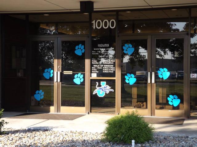 The main entrance of Jersey State Bank is showing their school spirit for the Jersey Community High School Panthers. 