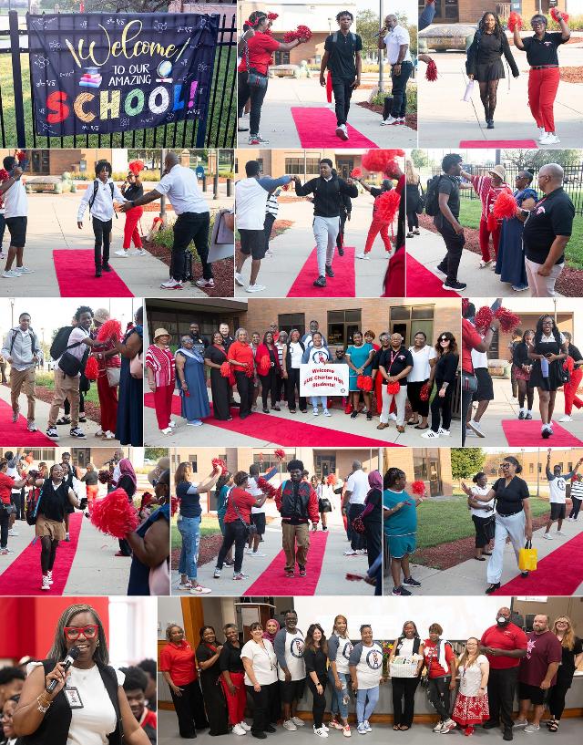 SIUE East St. Louis Charter High School students receive enthusiastic welcomes to their first day of school.