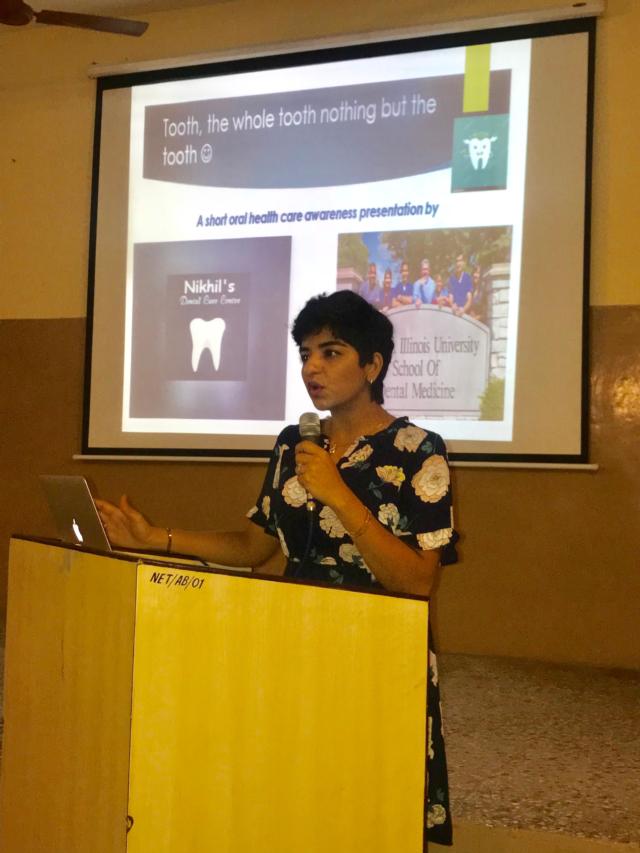 Southern Illinois University School of Dental Medicine student Kamiya Khatwani makes a dental healthcare presentation in India. 