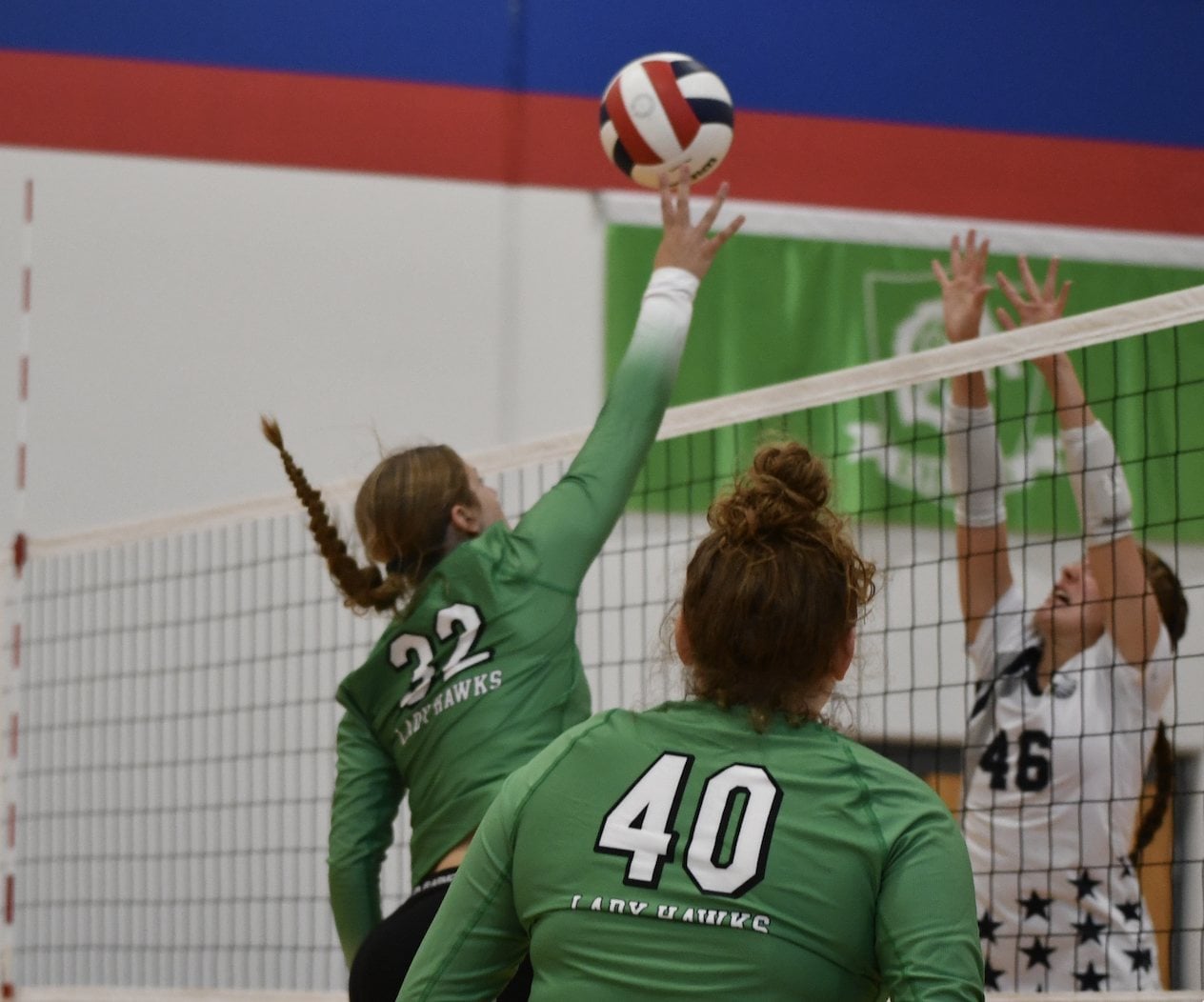 Sophomore Hadley Lake (No. 32) already a dominant force for the Hawks with her 6-foot-1 height.