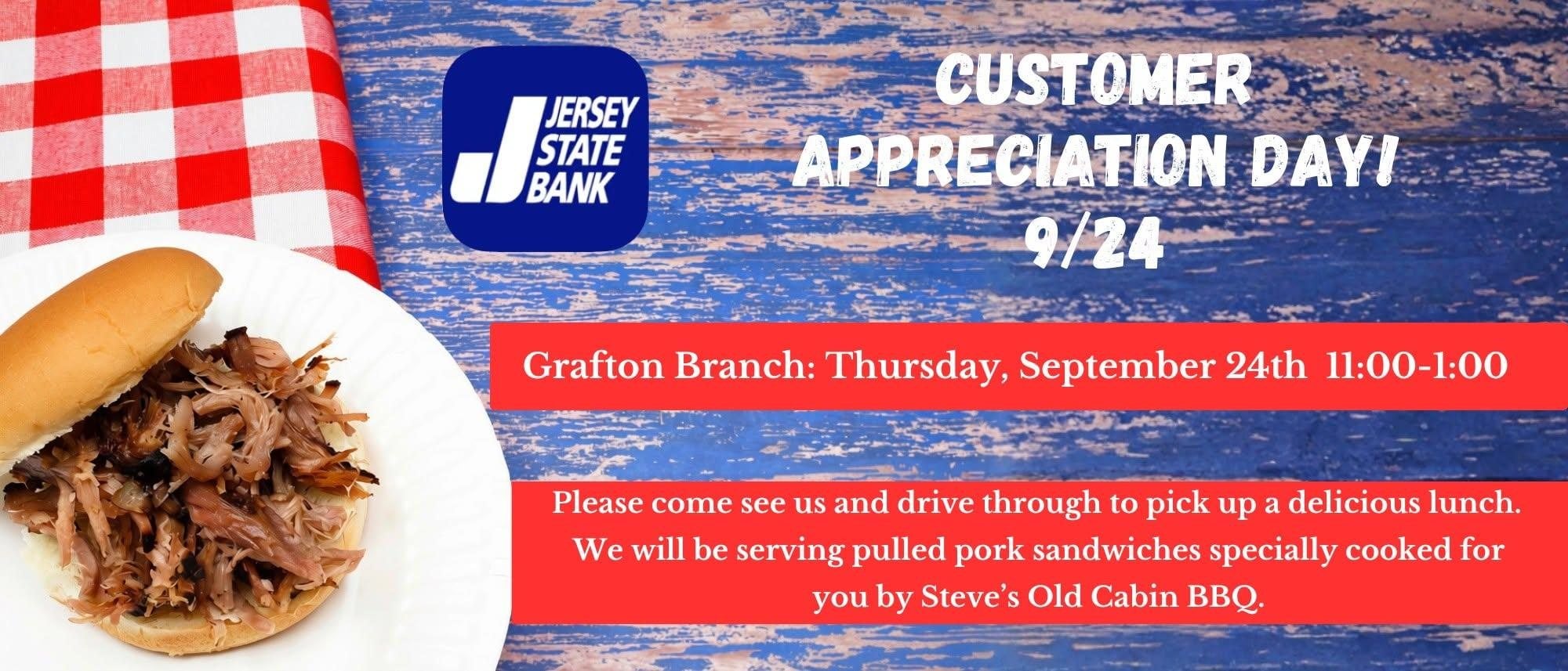 Jersey State Bank Grafton Branch Customer Appreciation Day event flyer