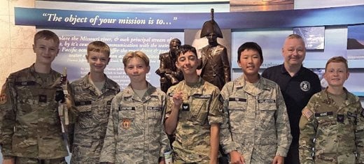 Group photo of Civil Air Patrol cadets visiting the Lewis & Clark State Historic Site (Camp Dubois). Left to right: Cadets Roman Cox, Tyson Cox, Guenther, Yin, and Wade. In the rear is Mr Bill Sander.