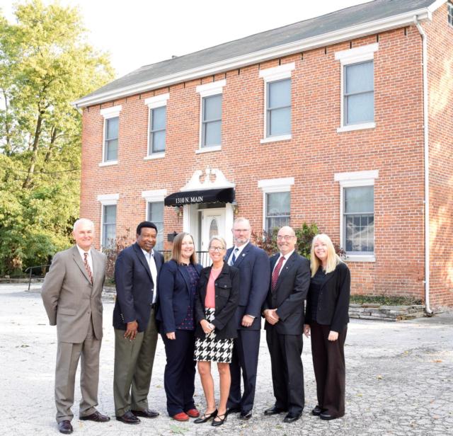 Partners in the STEM Meets Humanities Initiative stand in front of the new STEM Center. (L to R) - Dr. Robert Daiber, Madison County Regional Superintendent of Schools; Dr. Ed Hightower, Executive Director of the Mannie Jackson Center for Humanities Foundation; Dr. Jessica DeSpain, Co-director of SIUE's IRIS Center; Dr. Jill Lane of Lewis & Clark Community College; Andrew Reinking, Assistant Regional Superintendent of Schools for Madison County; Dr. Greg Budzban, Dean, College of Arts and Sciences at SIUE and Dr. Sharon Locke, Director of the SIUE Center for STEM Research, Education & Outreach.
