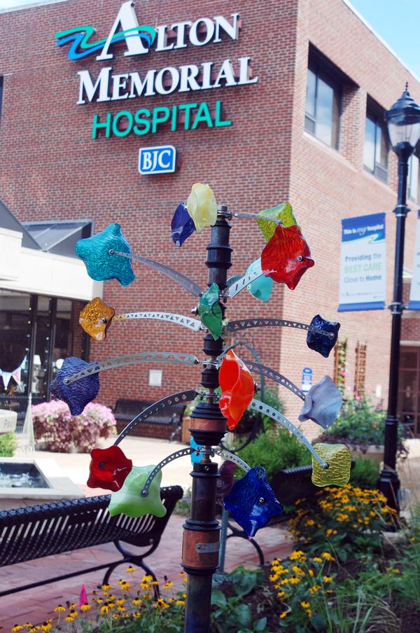The wind sculpture in memory of Ann Wiltshire stands in the Healing Garden at Alton Memorial Hospital.