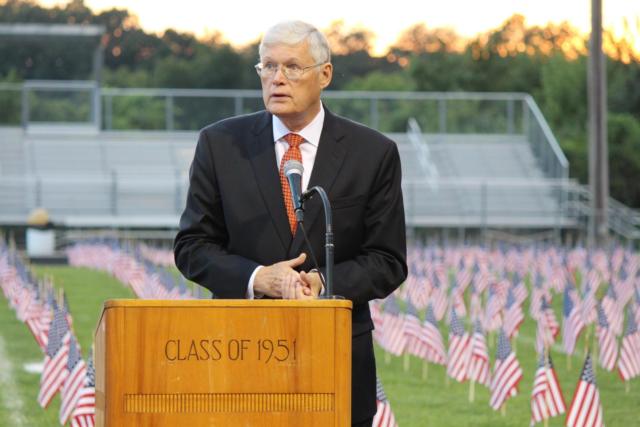 Illinois Senator Bill Haine speaking briefly at the 9/11 Memorial service held at Civic Memorial High School