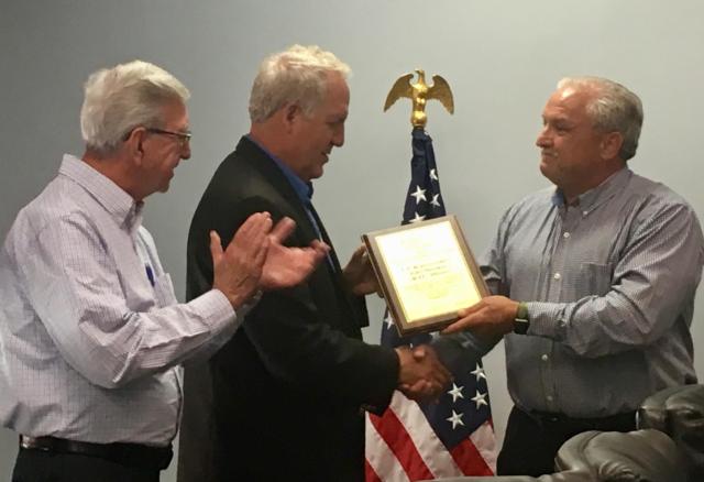 Rantoul Mayor Charles Smith (left) and IMUA/IMEA President & CEO Kevin Gaden (far right) present the IMUA 2018 Public Service Award to U.S. Representative John Shimkus (R-15th District) in recognition of Congressman Shimkus’ efforts on behalf of municipally owned utilities. The presentation was made September 10th at the Rantoul municipal building.