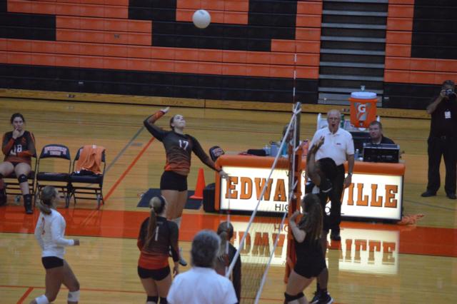 The Tigers' Rachel Pranger slams a spike against Granite City on Thursday night. Pranger was magnificent on Thursday with 10 kills and two blocks. (Photo by Brent Feeney)
