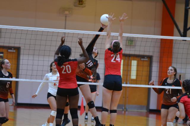 Freshman Corrine Timmermann has made an immediate presence in the lineup for Edwardsville this season. She shows some of her strong net play.