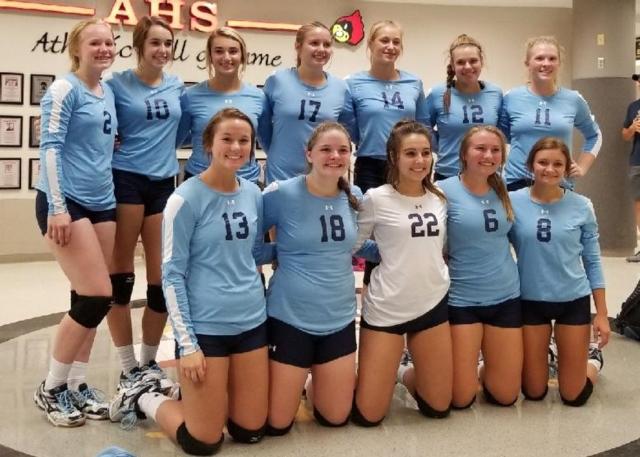 The Jersey girls captured first in the Alton JV Invitational Saturday. The girls shown are, front row, left to right: Claire Tilden, Abigail Droege, Kenadi Quinn, Rose Ricklefs and Maci Bohannon. In back row: Sally Hudson, Abby Manns, Claire Anderson, Boston Talley, Lauren Brown, Bella Metzler, Lauren Rexing.