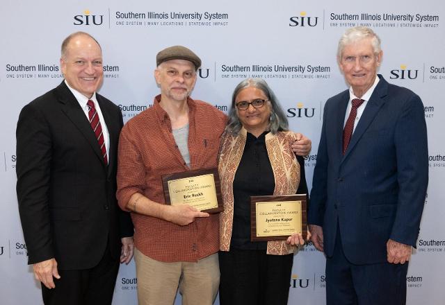 SIU President Dan Mahony, Eric Ruckh, Jyotsna and SIU Board of Trustees Chair J. Phil Gilbert