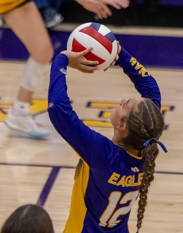 Adisyn Paslay pushes the ball back to her Triad foes on Tuesday night at CM. (Chris Rhodes photos).