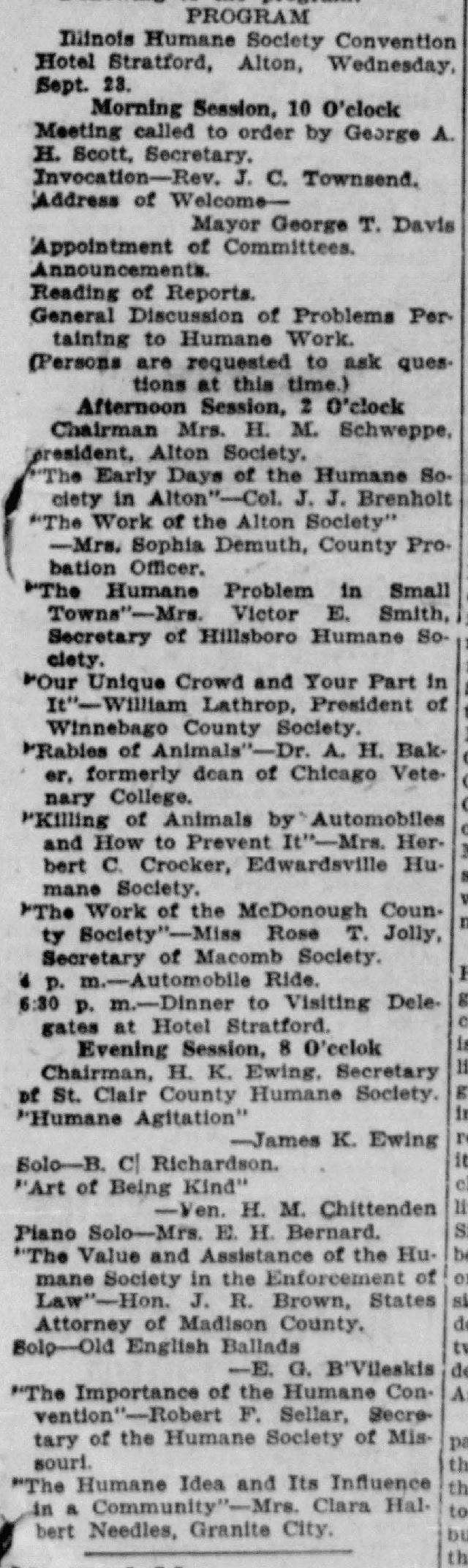 Illinois Humane Society Convention Program for September 23, 1925 Alton Evening Telegraph, September 21, 1925 