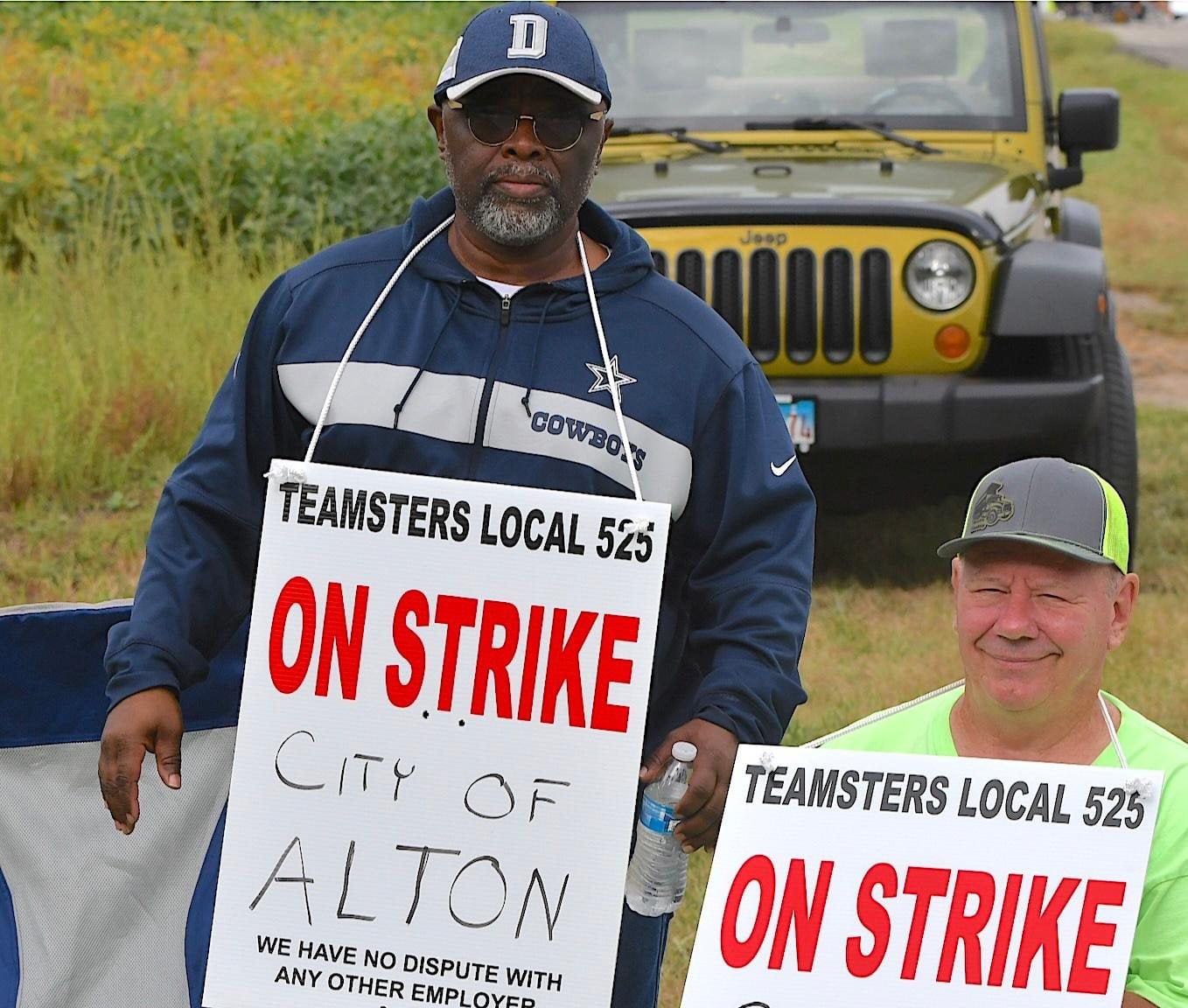 Alton Teamsters Local 525 members are shown officially on strike near the Public Works offices on Friday morning, Sept. 25, 2026.