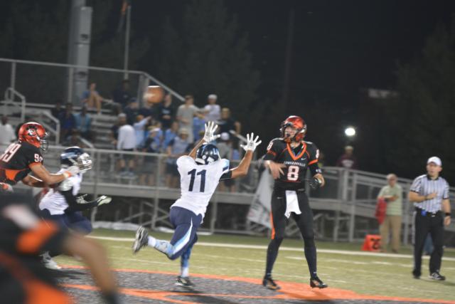 Tight end A.J. Epenesa waits on a pass from quarterback Riley Jones on Friday night. (Photo by Dan Brannan)
