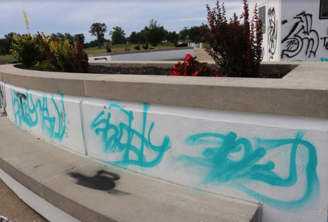 Vandals have left the well-known Our Lady of the Rivers Statue area with anti-Christian graffiti and vulgar words.. Photos by Chris Rhodes