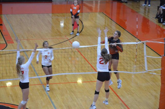 Rachel Pranger delivers a strong spike on Wednesday night. (Photo by Breent Feeney)