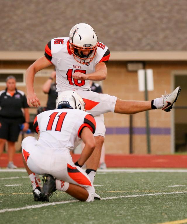 Riley Patterson demonstrates his strong leg in a recent field goal attempt. (Photos by Brian Munoz)