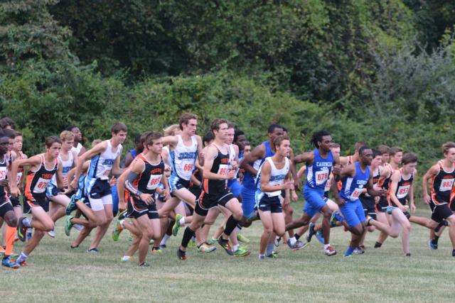 Jersey and Edwardsville runners go head to head at the start of the George Havens Invitational Meet.