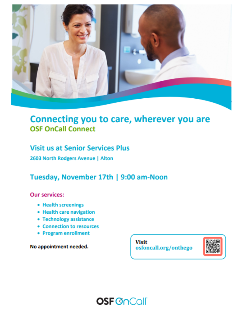 OSF OnCall at Senior Services Plus - Nov. 17th event flyer