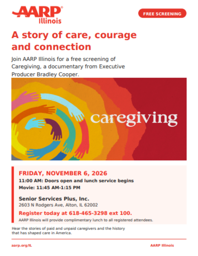 Caregiving: Free AARP Movie Screening at Senior Services Plus event flyer
