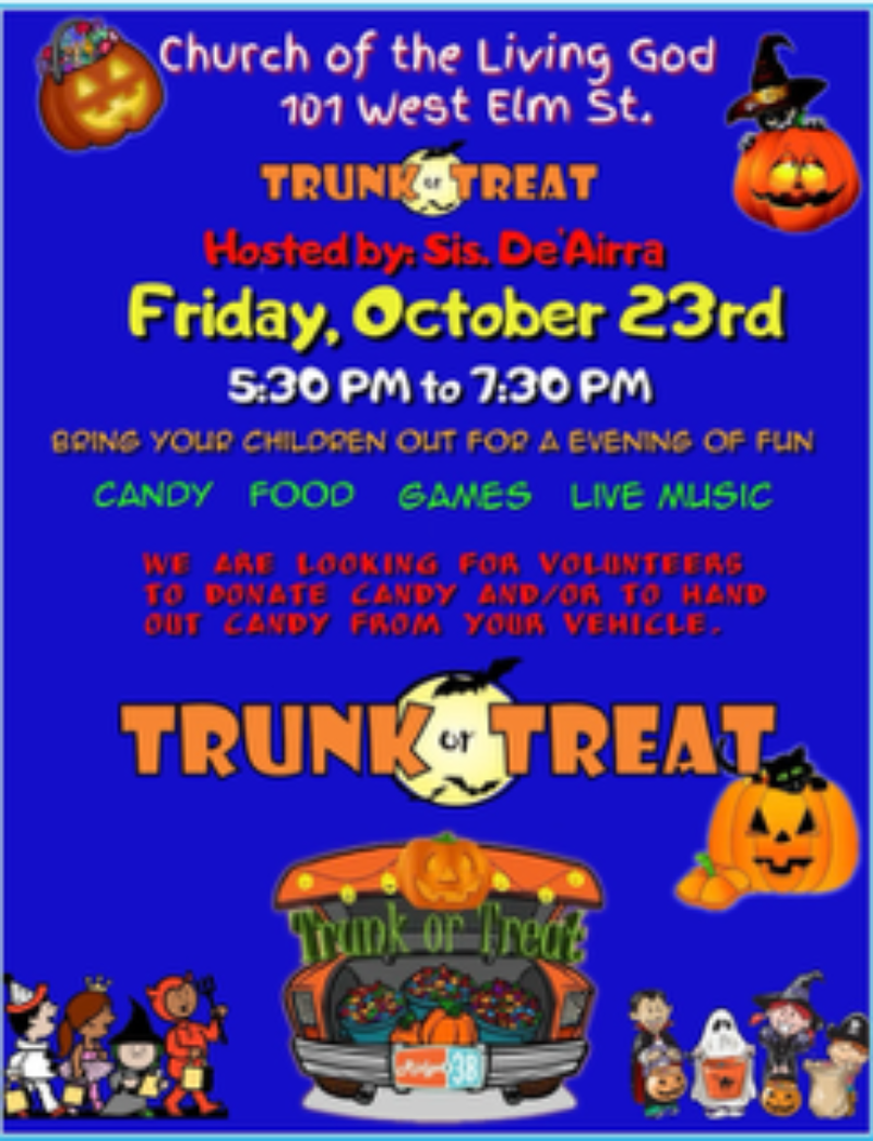 Church of the Living God Trunk or Treat event flyer