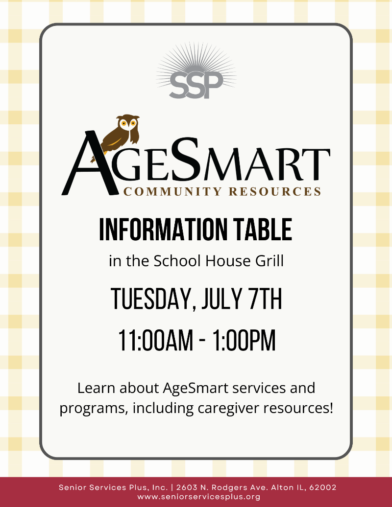 AgeSmart Caregiver Support Info Table at SSP - July 7th event flyer